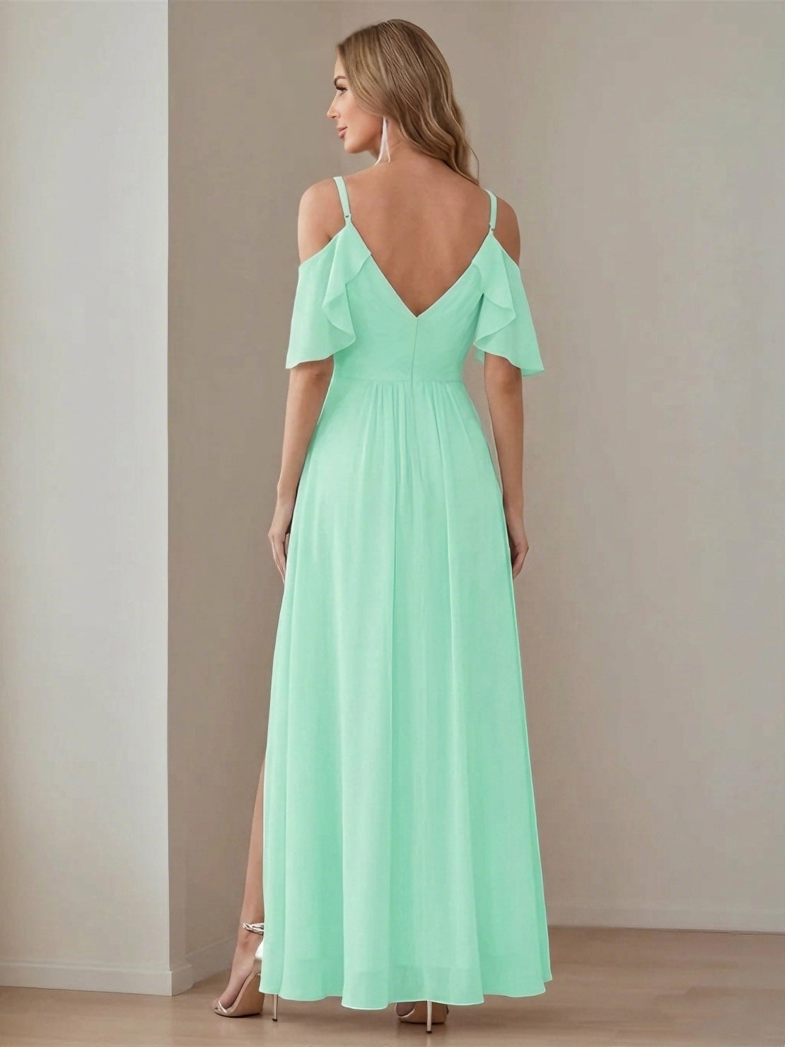A-Line/Princess  V Neck Short Sleeve Spaghetti Straps Ankle  Length Bridesmaid Dresses  Chiffon with Ruffles Bow(s)
