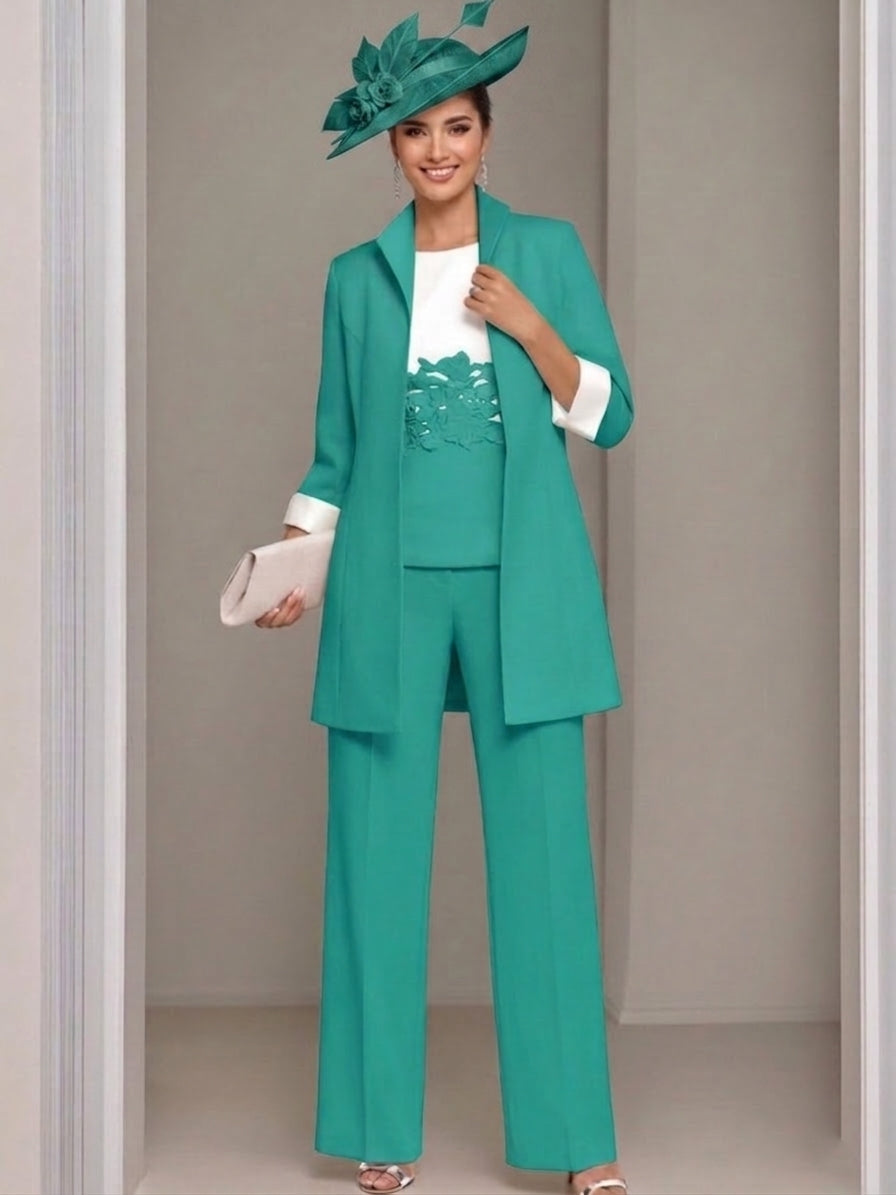 3 Pieces Square-Neck Ankle Length Mother of the Bride Pantsuits with Jacket & Appliques Lace