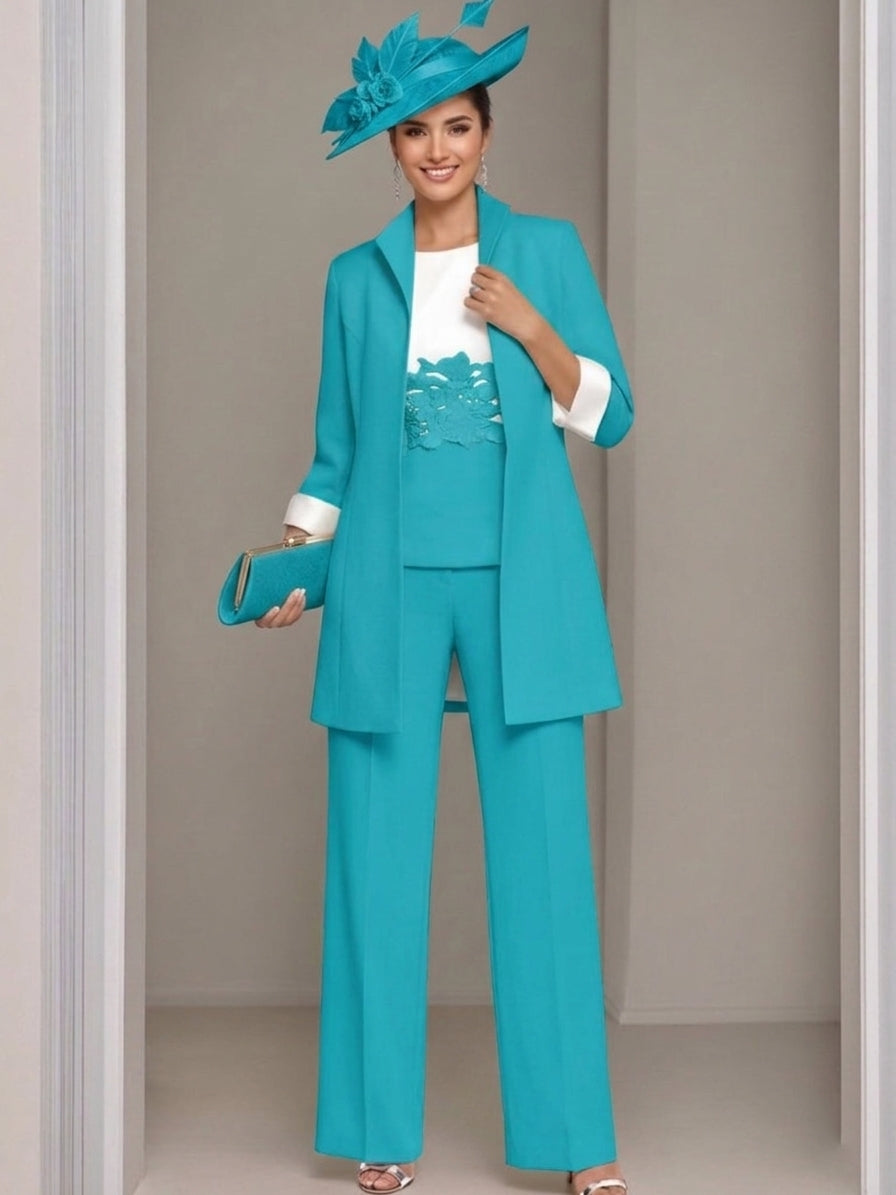 3 Pieces Square-Neck Ankle Length Mother of the Bride Pantsuits with Jacket & Appliques Lace