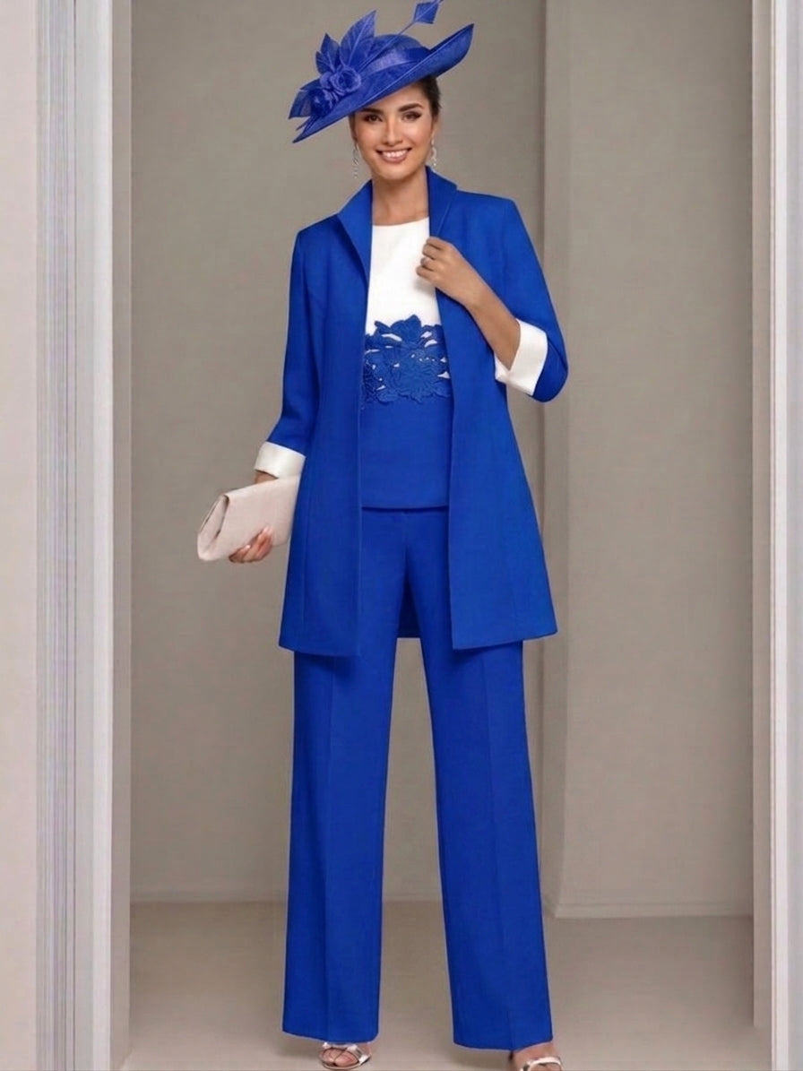 3 Pieces Square-Neck Ankle Length Mother of the Bride Pantsuits with Jacket & Appliques Lace